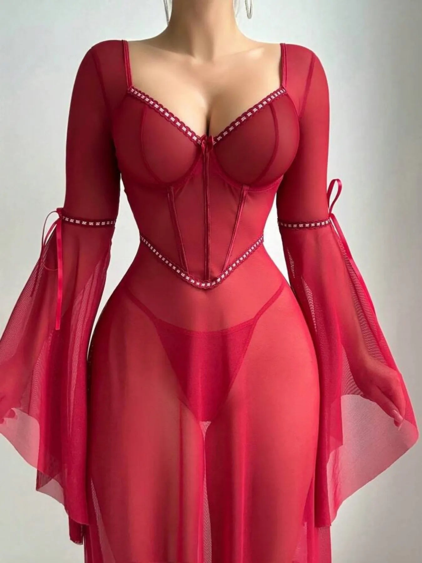 Sheer Corset Lingerie Dress – Flare Sleeve Fantasy Nightwear