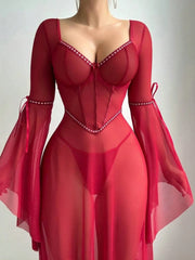 Sheer Corset Lingerie Dress – Flare Sleeve Fantasy Nightwear