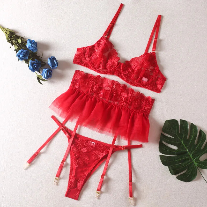 3-Piece Chic Lingerie Set – Embroidered Bra, Mini Skirt & Garter Straps