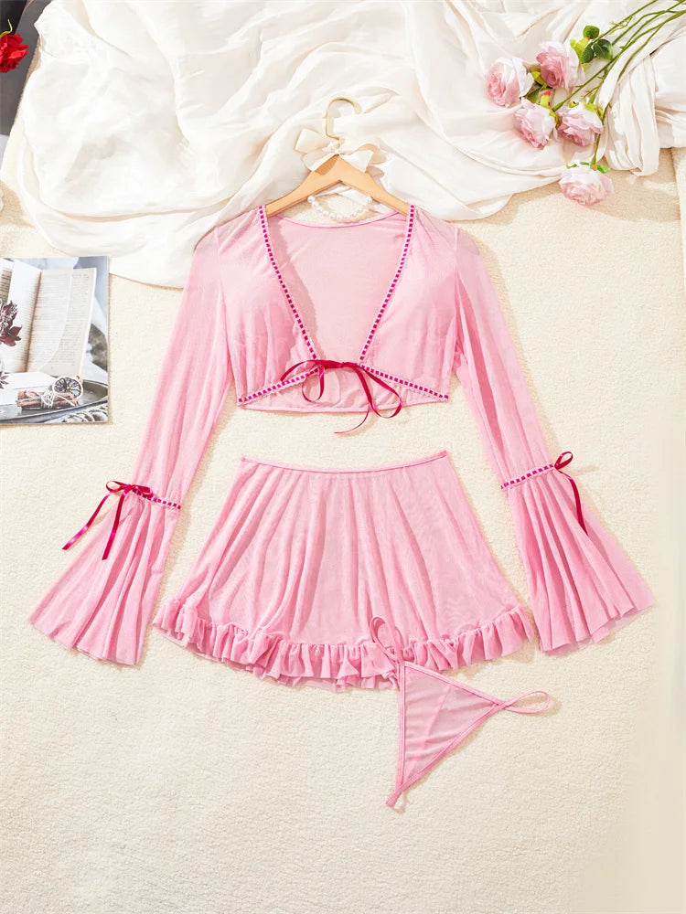 Pink Lingerie Set With Crop Top & Mini Skirt And G-string