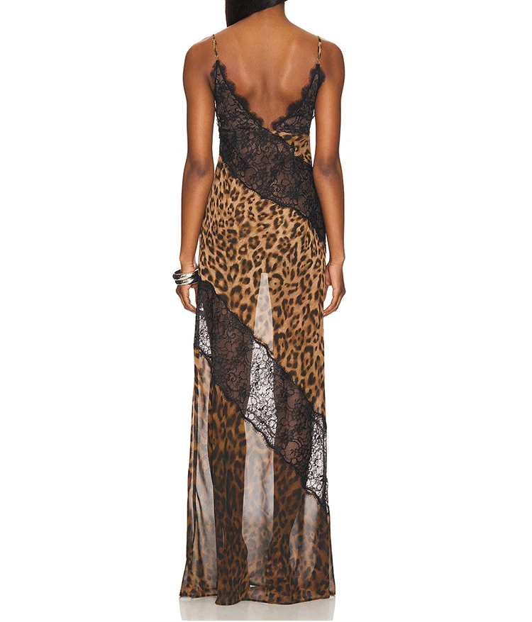 Woman wearing a leopard print and lace dress on a white background