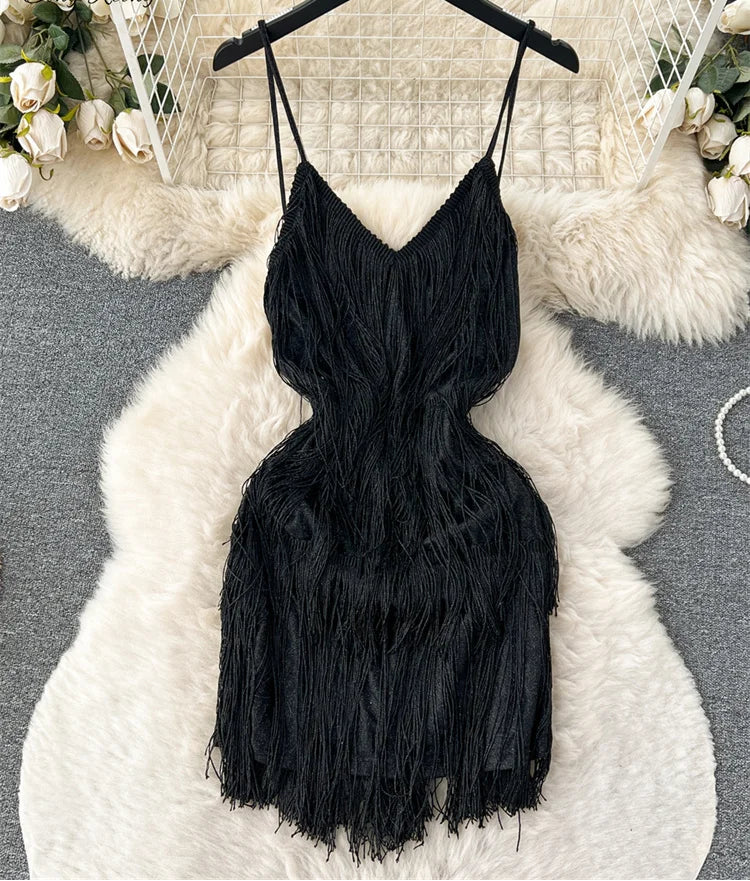 Sequined Tassel Mini Dress Backless Sleeveless