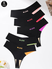 Five pairs of women's high-waisted thong underwear in black, arranged in a fan layout on a white background. Each pair features a different colored 'LOVE' text and heart graphic on the front waistband, along with a contrasting inner leg panel in matching colors.