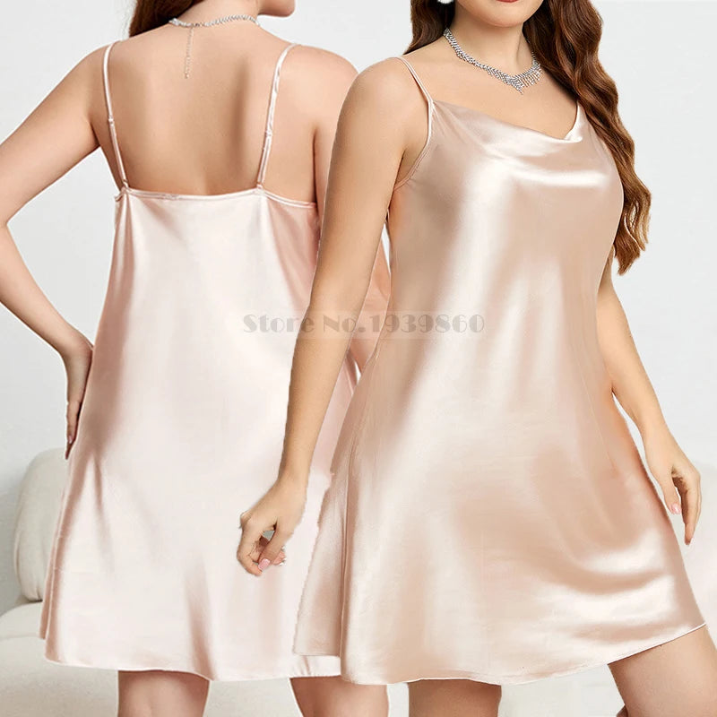 Silky satin slip dress shown from front and back on a model against a neutral background.