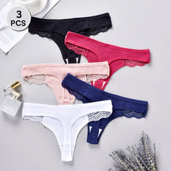 Set of three pairs of women's underwear in black, pink, and blue on a light gray background.