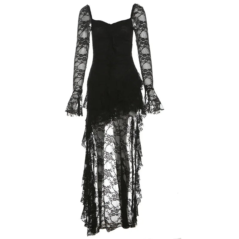 Black dress with lace sleeves and hem on a white background