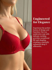 A woman wearing a red underwire bra, shown from the shoulders to the hips in a softly lit indoor setting. A red text panel on the right reads 'Engineered for Elegance' with descriptive marketing copy about the bra's fit and shaping.