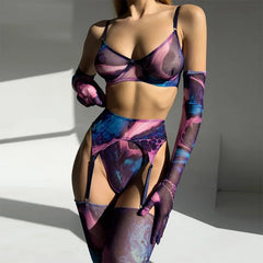Person wearing a colorful lingerie set with matching gloves against a neutral background