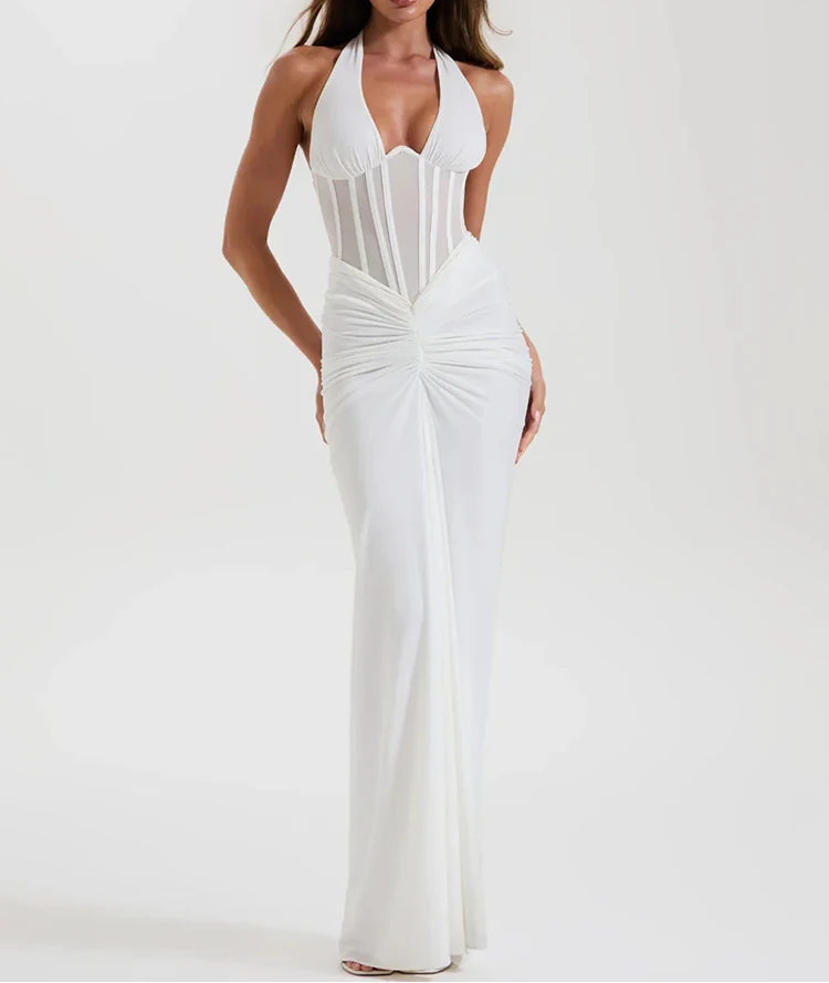 Halter V-Neck Ruched Maxi Dress