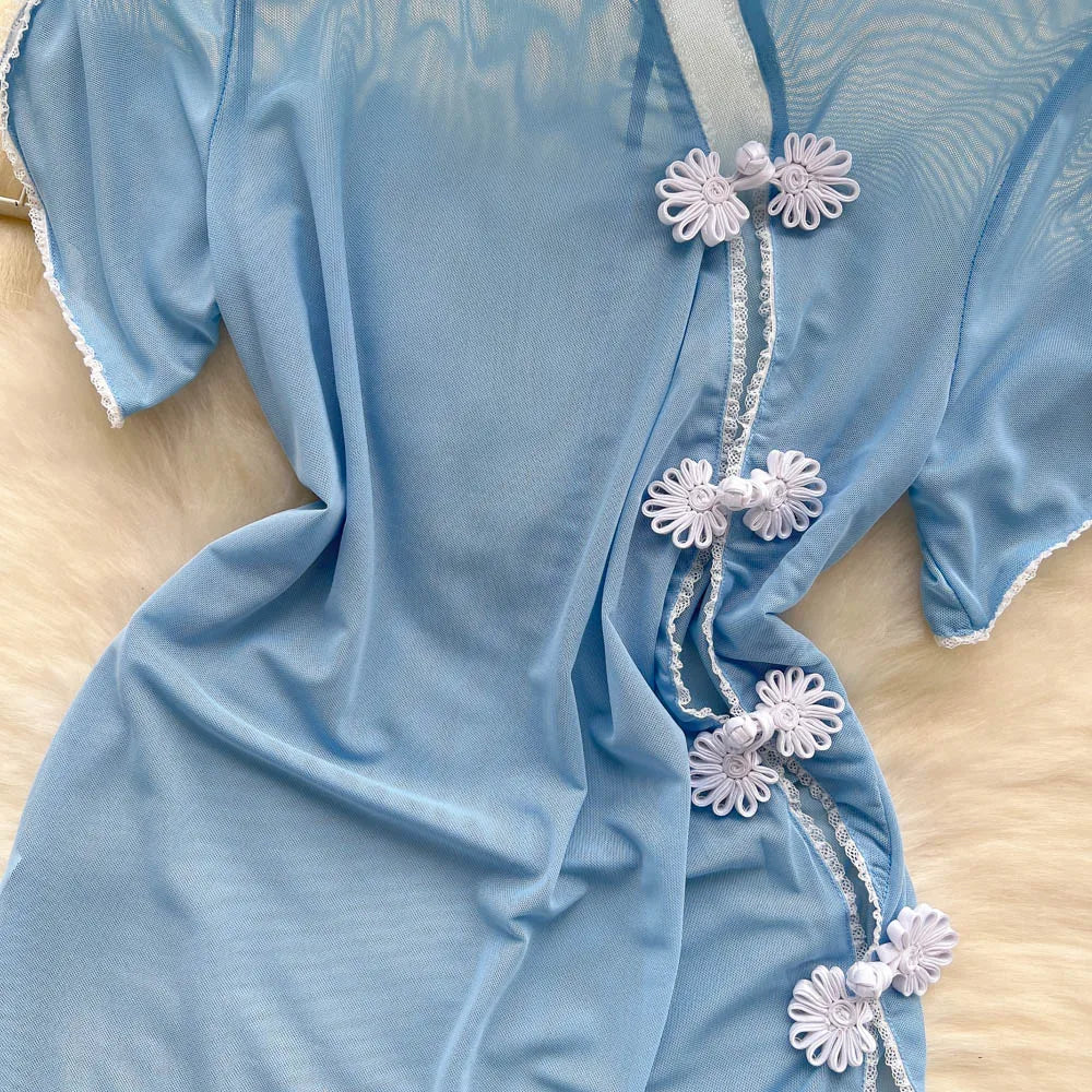 Retro Sheer Cheongsam Night Dress – Slim Fit Split Lingerie with Button Detail