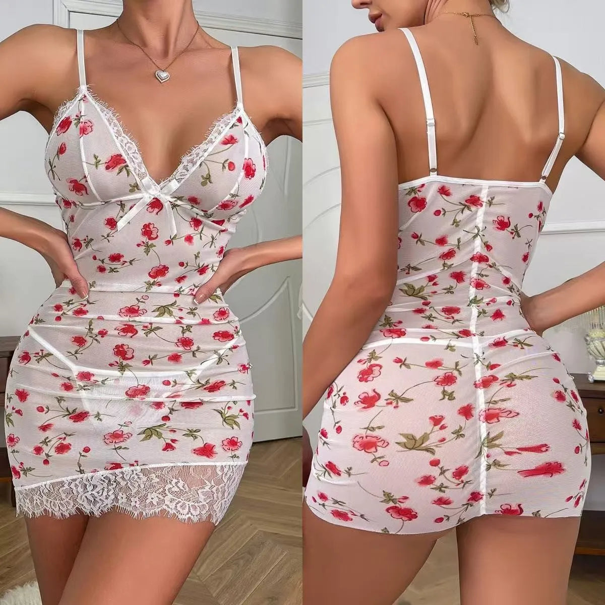 Floral Print Lace Trim Slip Nightgown Women