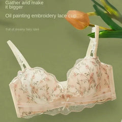Floral lace bra on a green background with text overlay