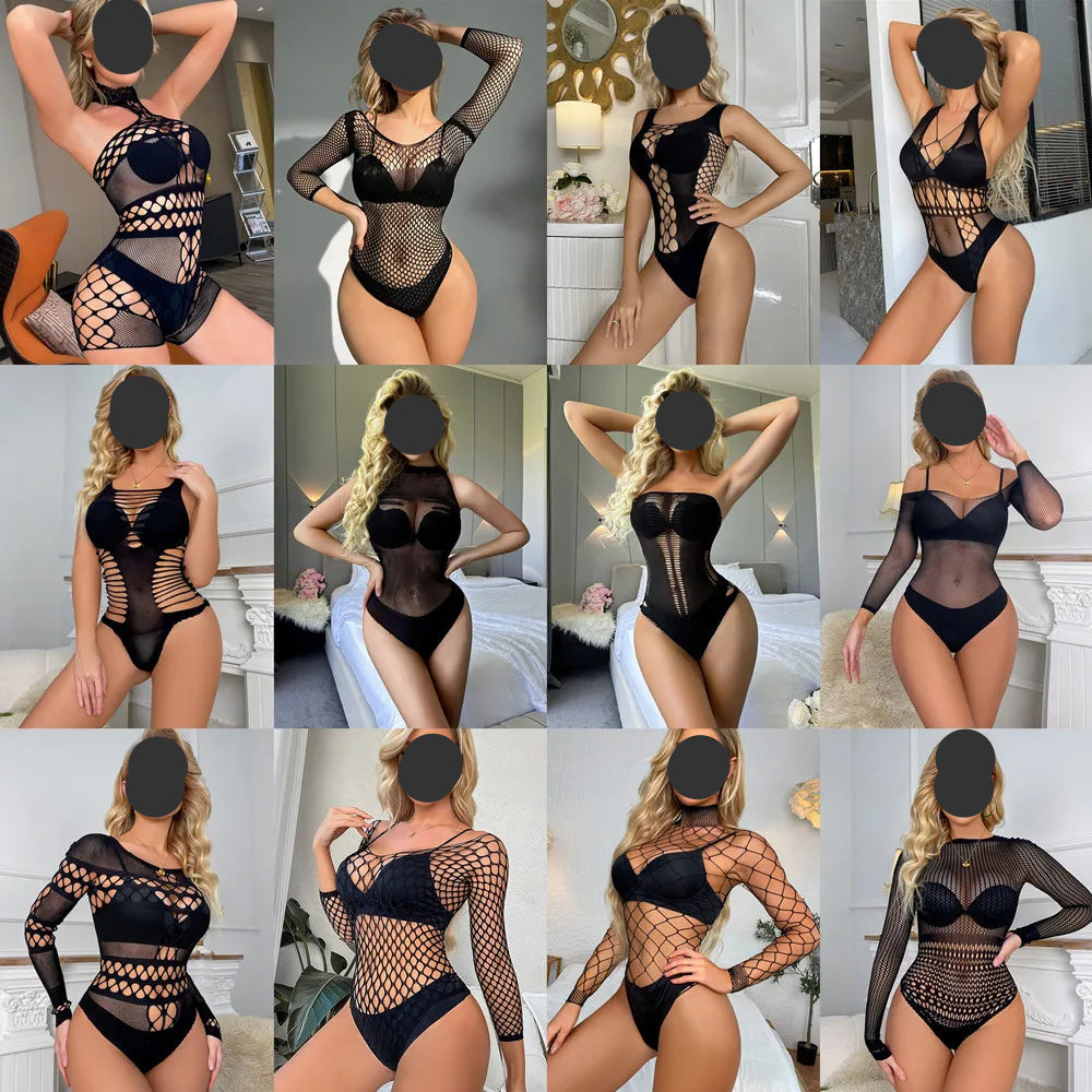 Grid of images featuring a model wearing a black mesh lingerie set in various poses.