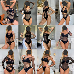 Grid of images featuring a model wearing a black mesh lingerie set in various poses.