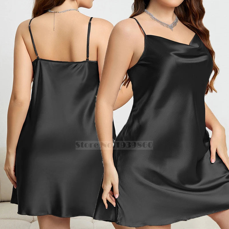 Black satin slip dress shown from front and back on a neutral background