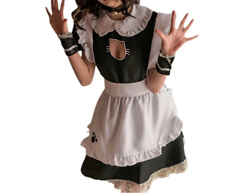 Person wearing a black and white maid costume with a cat design on a white background