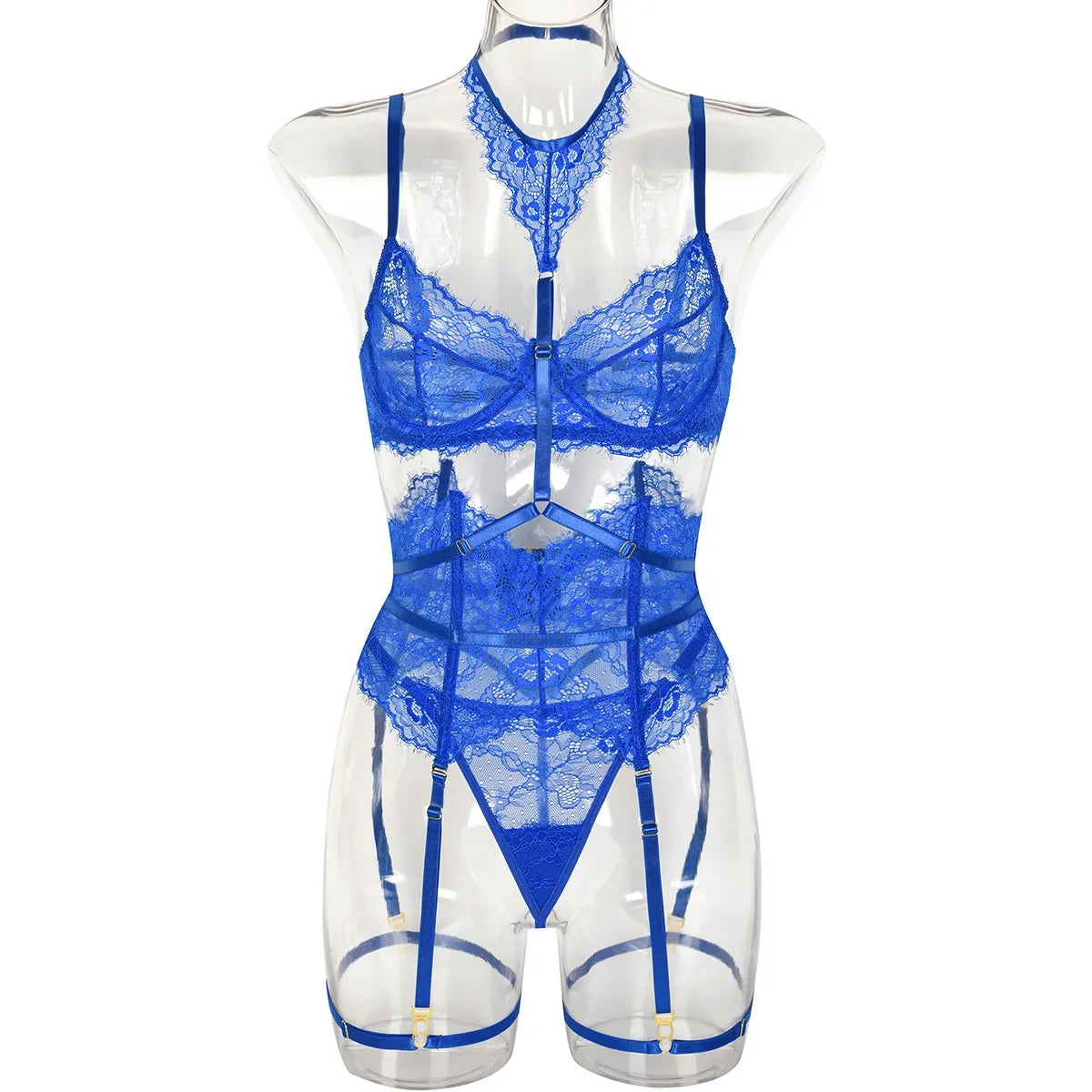 Blue lace lingerie set on a mannequin against a white background