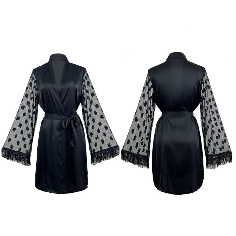 Elegant Silk Nightgown with Heart Mesh Sleeves – Luxury Sleepwear & Robe
