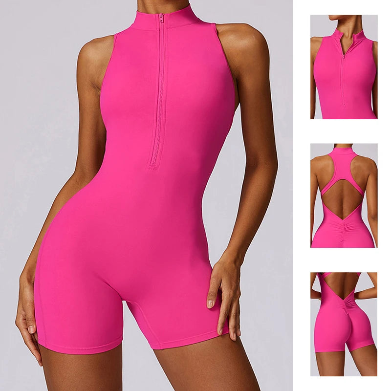 Women’s V-Back Scrunch Sports Jumpsuit – Zipper One-Piece
