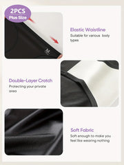 Product features of black underwear with text highlighting plus size, elastic waistline, double-layer crotch, and soft fabric.