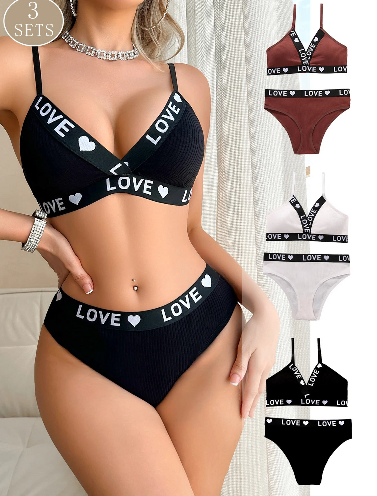 1 to 3-Piece Set Cotton Women's Underwear Set Rib Letter Print Removable Inner Wireless Push up Bra Soft Sexy Women's Underwear