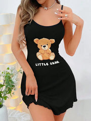 Black nightgown with teddy bear design and 'LITTLE BEAR' text on a white background