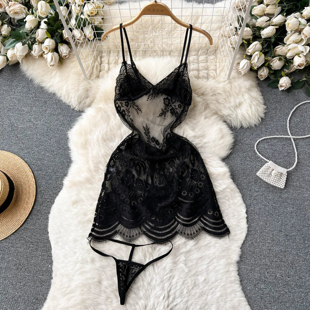 Ruffled Sheer Lace Camisole Dress