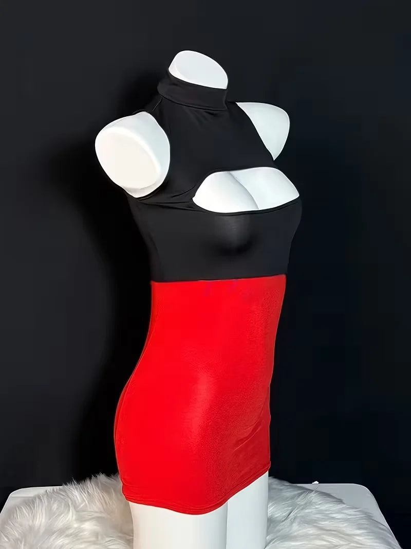 Women Color Block Halter Bodycon Mini Dress