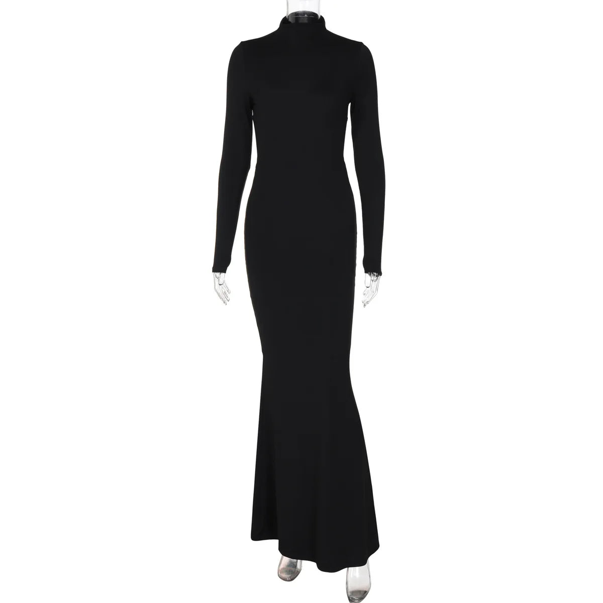 Black long-sleeve dress on a mannequin against a white background