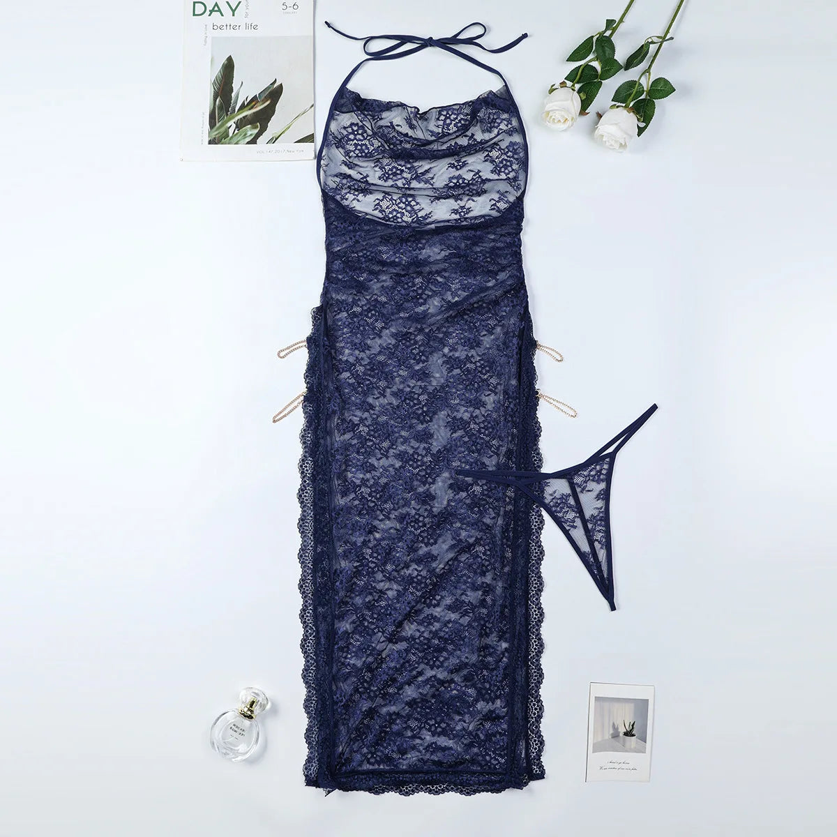 Elegant Blue Lace Slit Nightdress