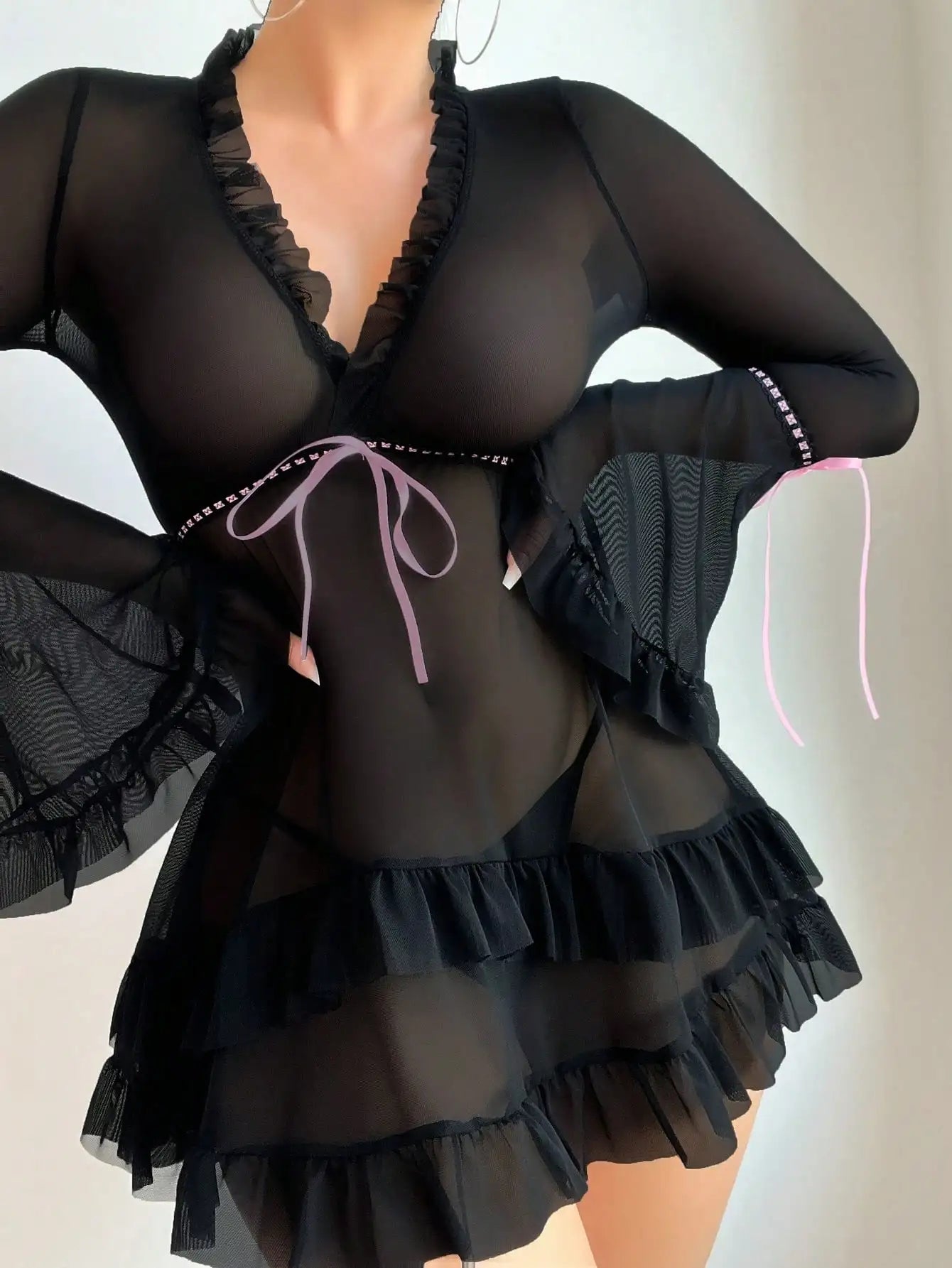 Sexy Ruffle Lace Dress – Deep V-Neck, Flare Sleeves, Sheer Elegance