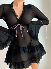 Sexy Ruffle Lace Dress – Deep V-Neck, Flare Sleeves, Sheer Elegance