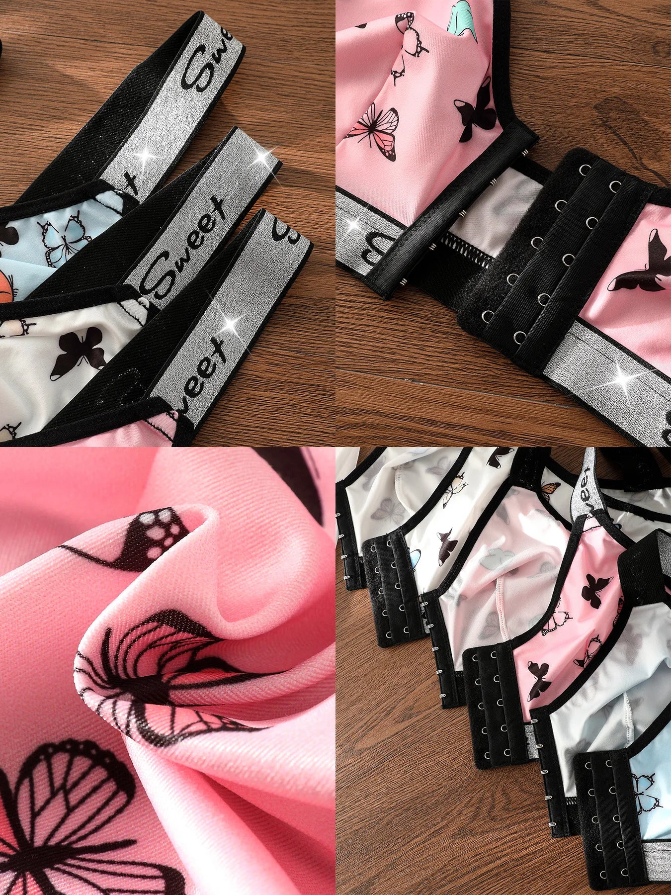 Collage of pink fabric with black butterfly patterns and black straps with 'Sweet' text on a wooden surface.