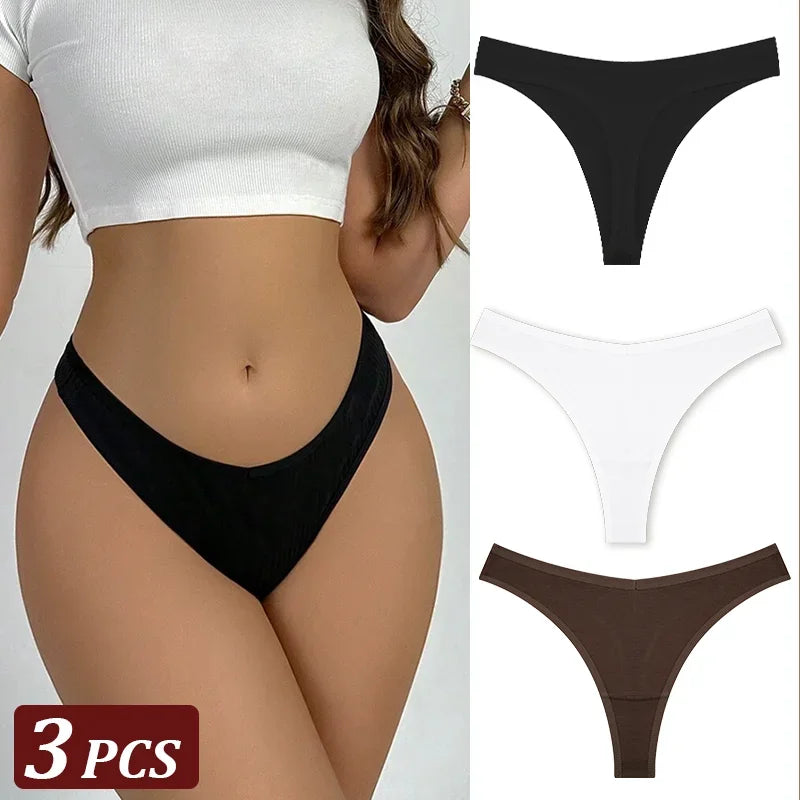 Black thong with a model wearing it, accompanied by white and brown thongs on a gray background.