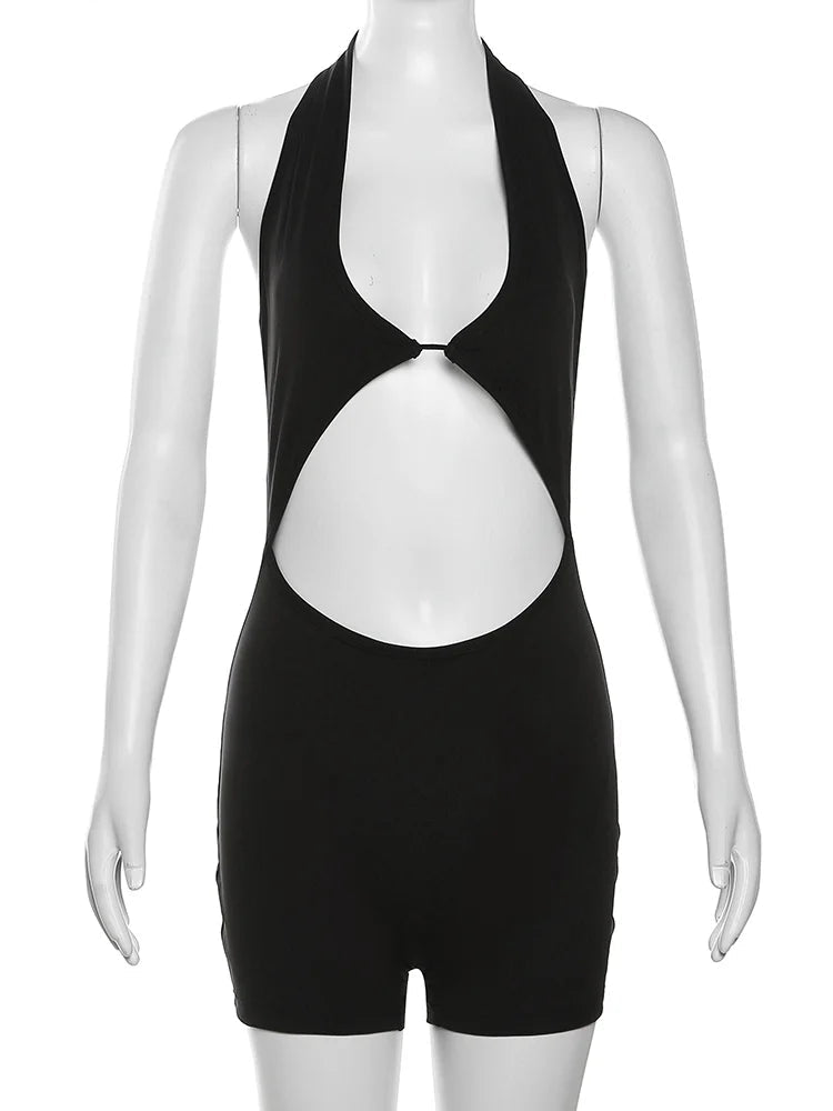 Black halter neck romper on a mannequin with 'WeirdPuss' branding.
