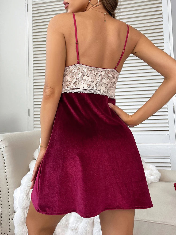 Wine Red Velvet Lace Nightgown – Sexy Backless Slip Dress