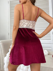 Wine Red Velvet Lace Nightgown – Sexy Backless Slip Dress