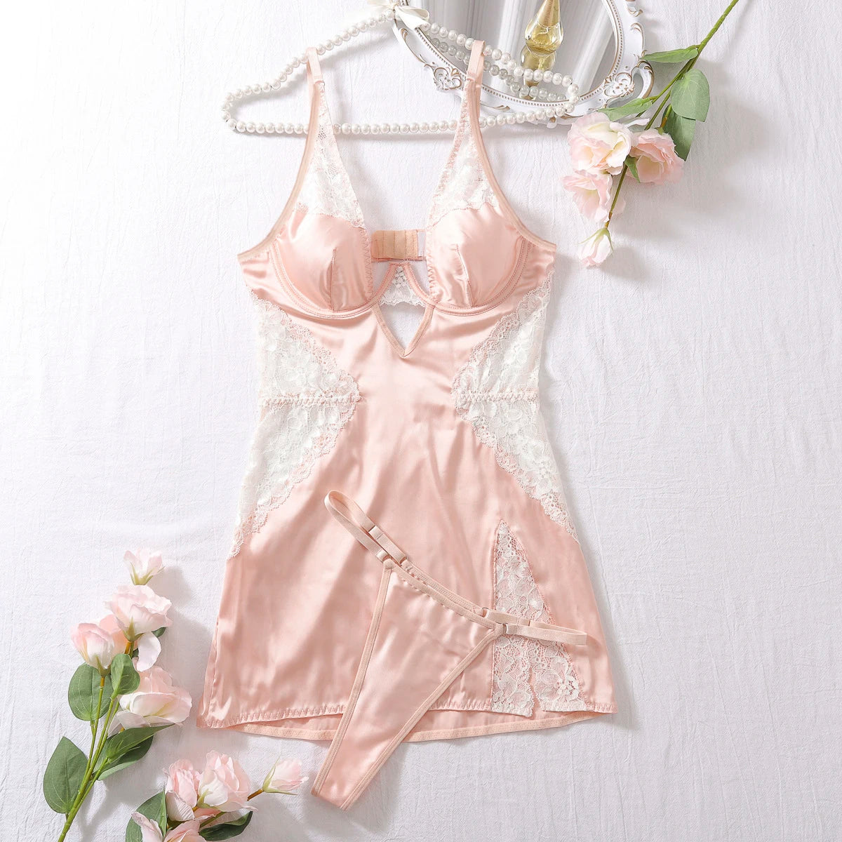 Deep-V Satin Slip Dress – Lace Patchwork & High Split Nightwear