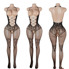 Fishnet Open Weave Halter Catsuit