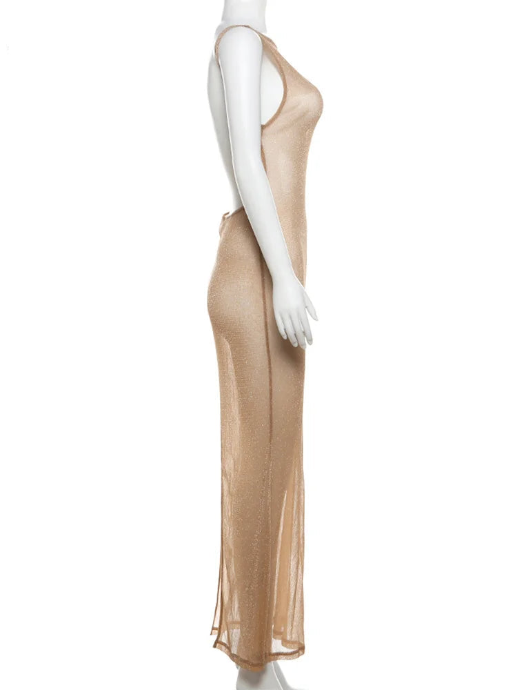 Mannequin wearing a beige sheer dress with 'kliou' branding.