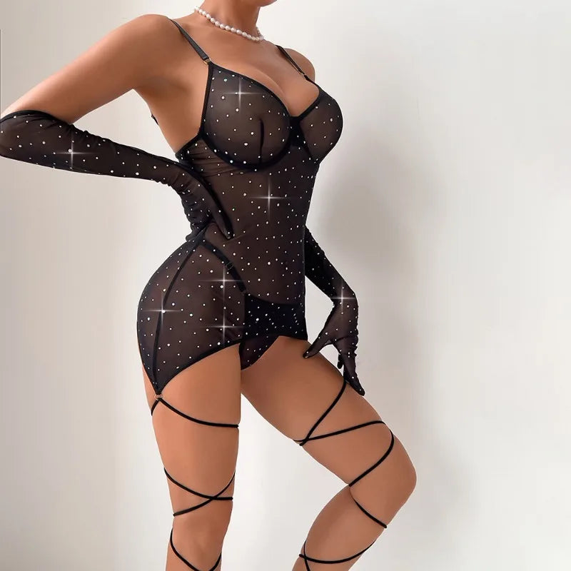 Black sheer bodysuit with star patterns on a neutral background