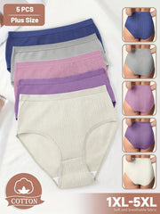 Set of plus size women's underwear in various colors with a cotton label on a white background.