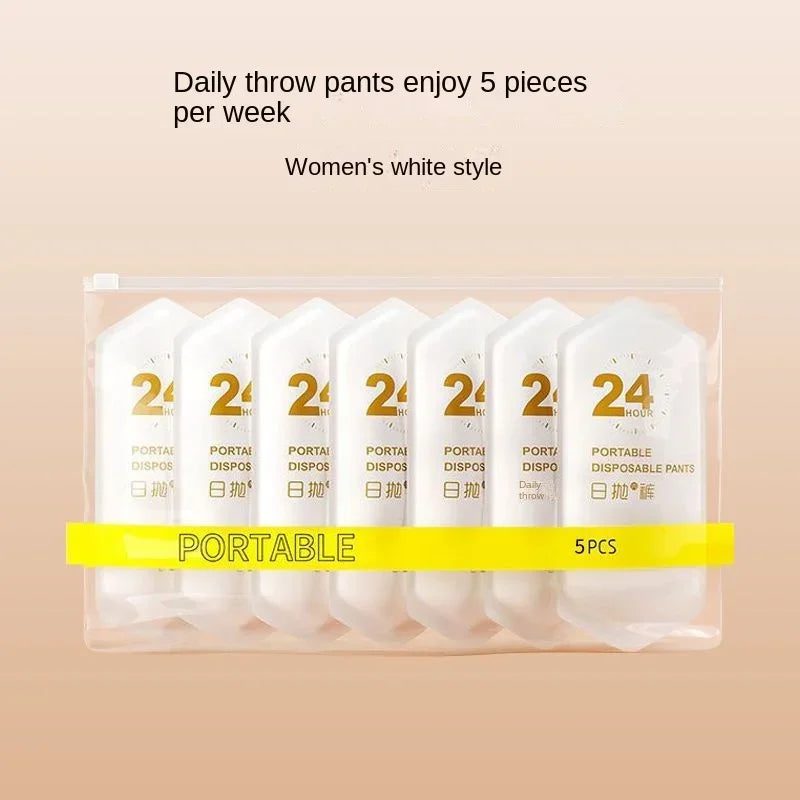 Pack of 5 women's white disposable pants with packaging on a beige background