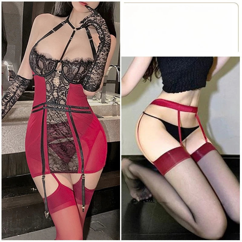 Red and black lace lingerie set with garters on a neutral background