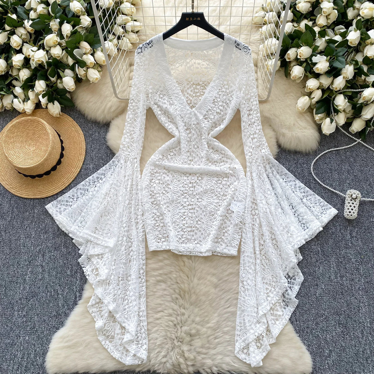 Lace Hollow Out Bodycon Dress – Flare Sleeve & Sheer V-Neck