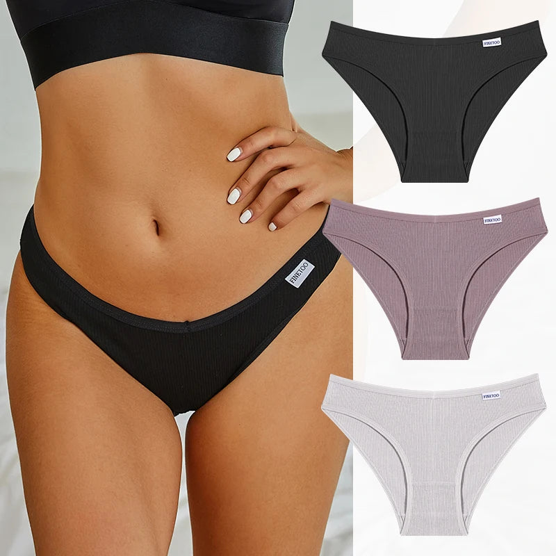 Black, purple, and gray women's underwear displayed on a person and separately.