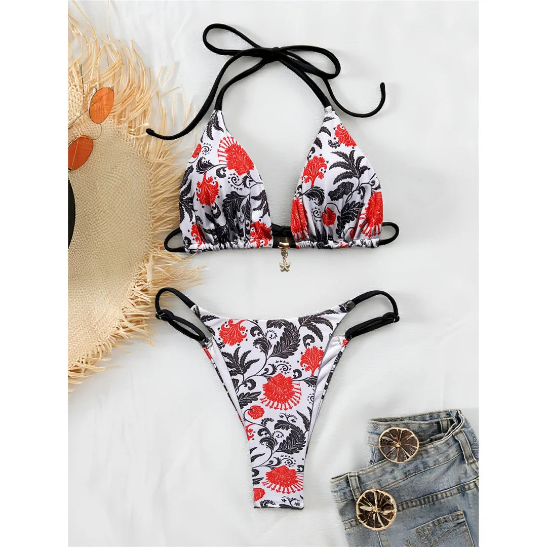 Printed Halter Bikini Set – High Leg Padded Two-Piece Swimsuit