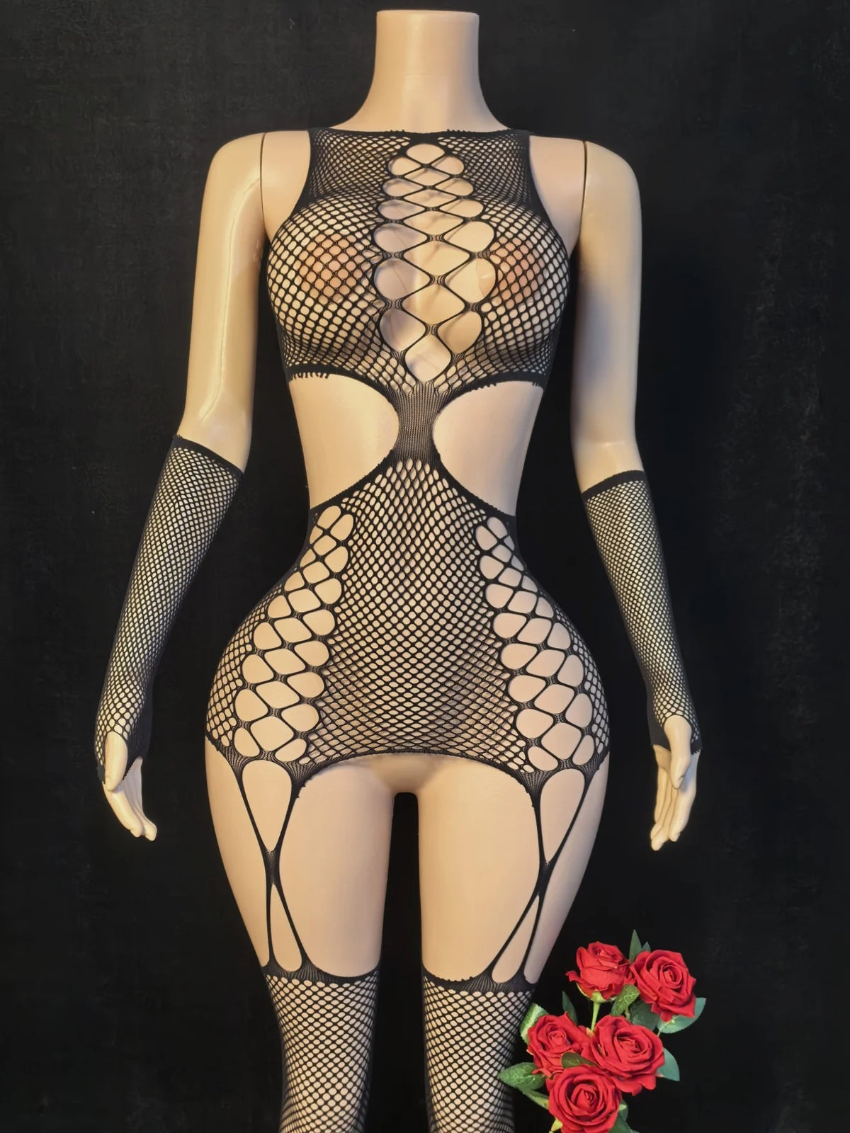Women Fishnet Hollow Lingerie Bodysuit Gloves Set
