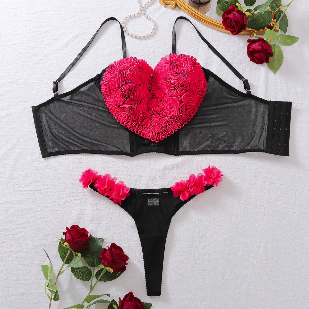 Sexy 3D Heart Mesh Lingerie Set – Sheer & Ultra-Thin