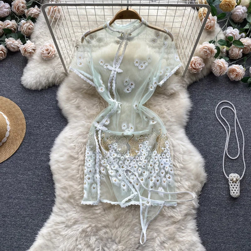 Chinese-Style Embroidered Sheer Lingerie Night Dress – Slim & Sexy